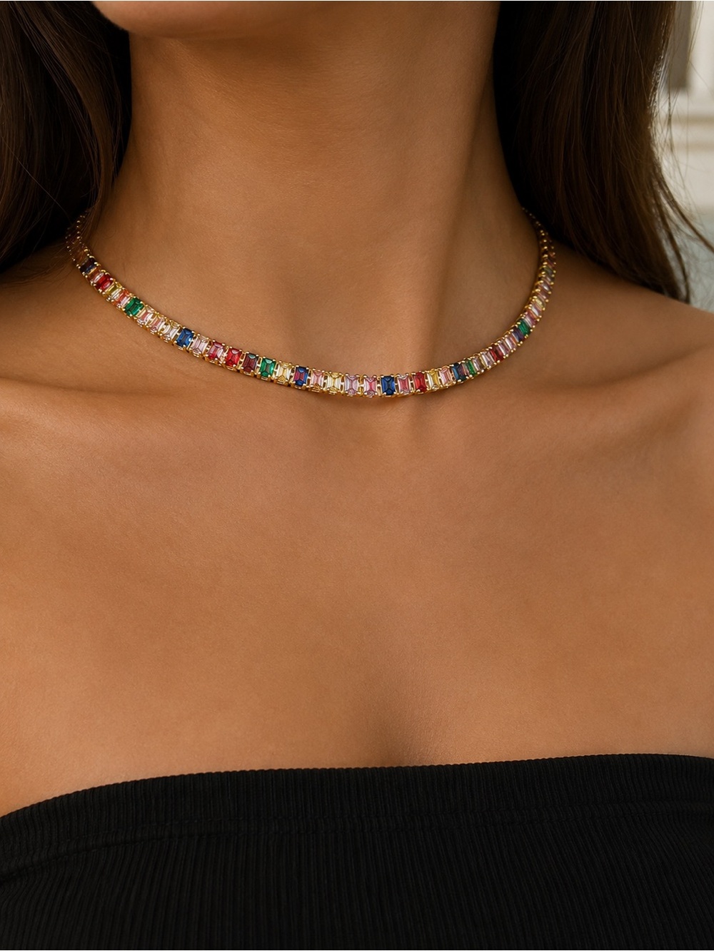 Elegant Multicolor Baguette Crystal Choker Necklace Gold Tone